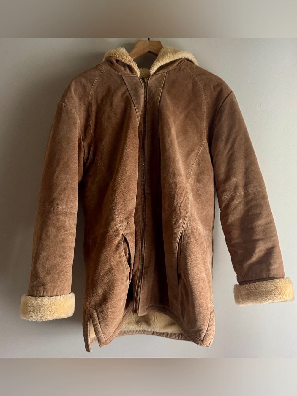 St Johns Bay Vintage 90’s Hooded Coat Washable Suede Faux Fur Line Size Large